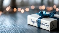 White gift box with blue ribbon and Valentine's Day message on rustic wooden surface with soft bokeh lights creating romantic holiday atmosphere.