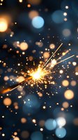 Glowing sparkler emitting bright golden sparks against dark blue background with magical bokeh lights creates festive holiday atmosphere.