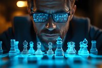 Caucasian male in glasses looking at glowing blue chess pieces, reflection of digital data in spectacles creates futuristic gaming atmosphere. Strategic planning concept.