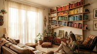 Cozy reading nook with built-in bookshelves filled with colorful books, comfortable seating and warm natural light streaming through sheer curtains.