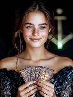 Young woman with natural makeup holding fortune telling cards, wearing sparkly evening dress against dark background with soft lighting and gentle smile.