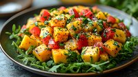 Colorful roasted vegetable medley with bell peppers, zucchini and fresh herbs on arugula bed. Healthy Mediterranean cuisine for restaurant menus and cooking blogs.