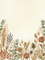 Botanical border arrangement with dried flowers, pampas grass, roses, thistles, and eucalyptus leaves on cream background. Suitable for wedding invitations, stationery design, and greeting cards.