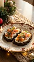 Festive salmon canapes on dark bread with cream cheese and dill served on elegant plate with Christmas decorations and warm lighting for holiday entertaining.
