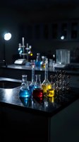 Laboratory glassware with colorful chemical solutions on dark counter in modern research facility for scientific experiments and analysis.