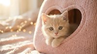 Adorable orange tabby kitten peeking out from cozy pink knitted cat house with heart-shaped opening in warm sunlit room for pet care and comfort concepts.