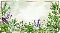 Watercolor herb garden border with lavender, rosemary, basil and chamomile on textured paper background for natural wellness and culinary design projects.
