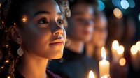 Young woman with curled hair and hoop earrings gazes upward amid glowing candles and bokeh lights, conveying hope, spirituality, and contemplation for wellness and meditation concepts.