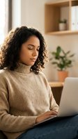 Young woman with curly dark hair and medium skin tone wearing beige turtleneck sweater working on laptop in modern home office with wooden shelves and potted plant in background.