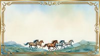 Vintage ornate golden frame with galloping horses in pastoral landscape, perfect for western themed designs, invitations, and decorative borders.