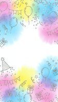 Colorful watercolor birthday party frame with hand drawn balloons, gifts, confetti and bunting on gradient background for celebration invitations.