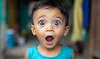 Young Asian boy with surprised expression wearing turquoise shirt shows extreme excitement with wide open mouth and big eyes against blurred background.