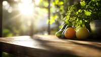 Fresh organic produce arranged on rustic wooden table with sunlight streaming through leaves, creating warm atmospheric lighting and natural bokeh effect.