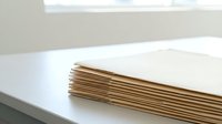 Stack of brown kraft paper sheets on white surface in bright office environment for packaging and crafting projects.