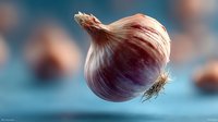 Fresh whole onion bulb with papery skin and roots floating against soft blue background for culinary cooking and kitchen design projects.