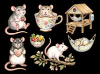 Cute mice characters isolated on transparent background, ready for t-shirt designs, stickers, clipart, print-on-demand products and sublimation crafts. Collection includes sitting mouse, teacup mouse, wooden house, heart-holding mouse, food bowl, branch mouse and hammock mouse.