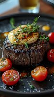 Juicy grilled beef tenderloin steak topped with caramelized onion, served with roasted cherry tomatoes and fresh herbs on dark plate, fine dining presentation.