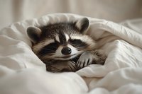 Cute raccoon resting on white bedding, relaxed wildlife animal portrait for nature and home decor designs.