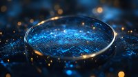 Glowing blue digital circuit pattern viewed through magnifying glass with golden bokeh lights creates futuristic technology concept on dark background.