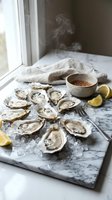 Fresh raw oysters on ice with mignonette sauce and lemon wedges served on marble board near window with natural light and steam rising from hot sauce.
