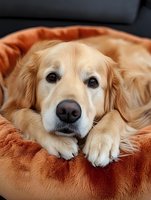 Golden retriever dog lying on orange plush bed with paws crossed, looking directly at camera with expressive eyes and gentle expression.