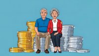 Happy senior couple sitting on stacks of gold and silver coins representing retirement savings and financial security for elderly planning.