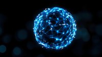 Glowing blue sphere with connected dots and lines forming network pattern on dark background, representing global connectivity and digital transformation.
