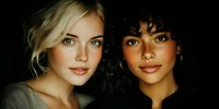 Two diverse young women with blonde and brunette hair posing together in warm lighting, showcasing friendship and beauty in portrait photography.