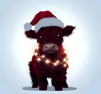 Adorable highland calf wearing Santa hat and glowing Christmas lights garland against light background, creating magical holiday atmosphere for seasonal designs.