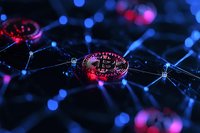 Glowing cryptocurrency coin on digital network with red and blue bokeh lights creating futuristic blockchain technology visualization background.