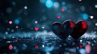 Red and black heart shapes on wet reflective surface with bokeh lights and floating heart silhouettes creating romantic atmosphere against dark background.