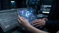Businessman using futuristic holographic interface technology with digital data visualization and analytics dashboard in modern office environment.