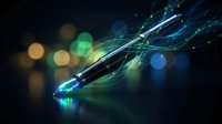 Futuristic digital pen with glowing energy streams and light effects on dark background for technology and innovation concepts.