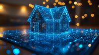 Glowing blue wireframe house model on digital surface with bokeh light effects, representing smart home technology and digital real estate innovation.