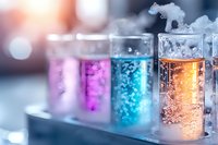 Colorful chemical reactions in laboratory test tubes with glowing liquids in purple, blue and orange creating smoke effects against blurred background.
