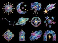 Celestial clipart set with stars, moon, planet, telescope, compass, lantern, and galaxy elements, isolated on transparent background, for stickers, sublimation, and t-shirt design.