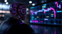 Futuristic robot analyzing stock market data on digital screens with neon pink trading charts, rear view of artificial intelligence trader in dark environment.