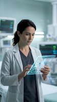 Female healthcare professional, Caucasian ethnicity, wearing white lab coat and dark scrubs, examining digital tablet with medical data in modern hospital setting with monitoring equipment and screens in background.