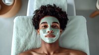 Young African American woman with curly hair relaxing during spa facial treatment with green clay mask applied for skincare and beauty wellness routine.