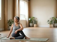 Senior woman with gray hair, Caucasian ethnicity, practicing yoga in bright studio with potted plants and natural light, wearing athletic wear for wellness and fitness training.