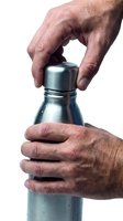 Male hands opening metallic bottle cap against white background, suitable for beverage, product packaging, and instructional content.