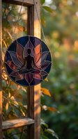 Stained glass meditation suncatcher with lotus flower design hanging in garden window, spiritual wellness decor for mindfulness practice and zen home decoration.