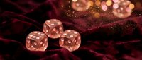 Rose gold translucent dice on burgundy velvet fabric with bokeh lights, suitable for gaming, gambling, entertainment, and luxury lifestyle content.