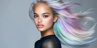 Young Asian woman with flowing multicolored pastel hair in turquoise, purple, and silver tones against gray background wearing black top, beauty portrait with wind-blown hair effect.