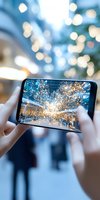 Hands holding smartphone capturing magical holiday lights and bokeh effect, creating enchanting festive atmosphere through mobile screen. Social media concept.