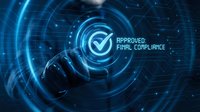 Gloved hand touching holographic checkmark symbol with approved final compliance text on digital blue network background for business verification.