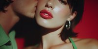 Intimate couple moment with woman in green dress and red lipstick, man leaning close in romantic embrace against vibrant red background for fashion photography.