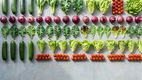 Fresh organic vegetables arranged in colorful rows including cucumbers, red onions, leafy greens, cherry tomatoes and lettuce on white background.