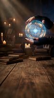 Hands holding glowing magical compass orb with mystical light effects surrounded by candles and ancient books on wooden table in atmospheric setting.
