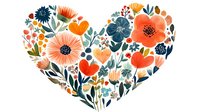 Floral heart arrangement with coral and navy blooms, featuring wildflowers, poppies and botanical elements in watercolor style. Romantic design for wedding stationery.